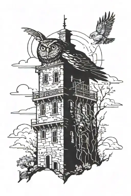 High Castle Tower With Owl Sitting Alone
