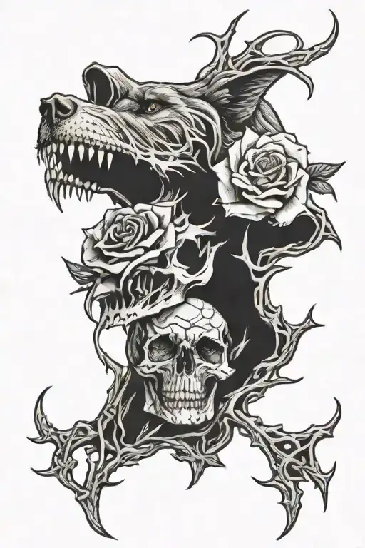 Rose With Thorns Intertwined With Skull A Lone Wolf Howling