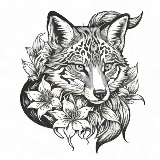 A Fox Surrounded By Tiger Lillies In A Blackwork Style