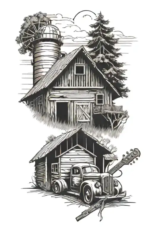 Old Barn With Tow Truck And Guitar
