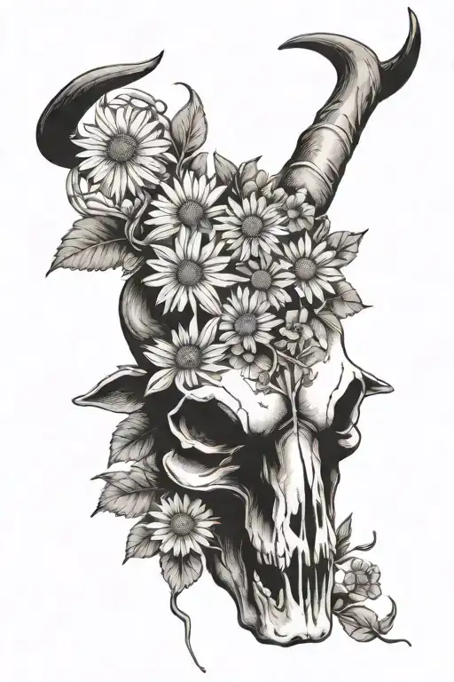 Bull Skull With Daisy Flower Bouquet