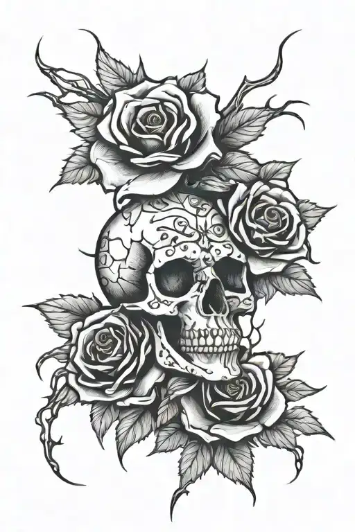 Rose With Thorns Intertwined With Skull
