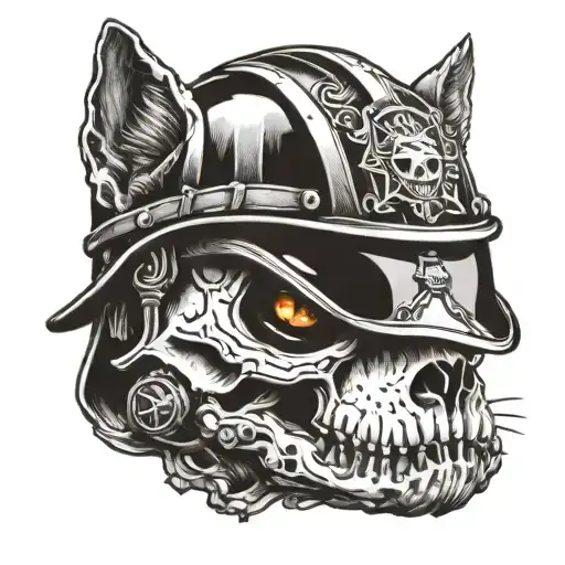 Cat Skull Wearing Firefighter Helmet
