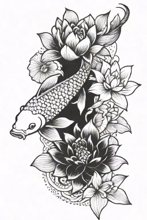Koi Fish With Flowers Blooming Lotus Flower