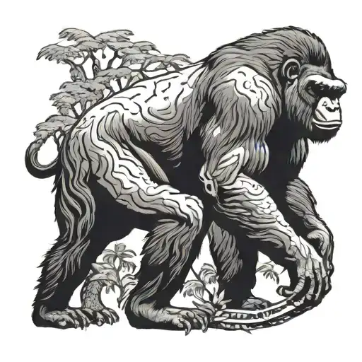 A Blackwork Tattoo Of A Majestic Silverback Gorilla Standing Proudly Among A Group Of Hippos