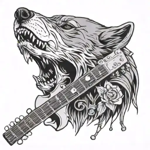 Guitar Neck Piercing The Skull In The Background A Calm Wolf Head