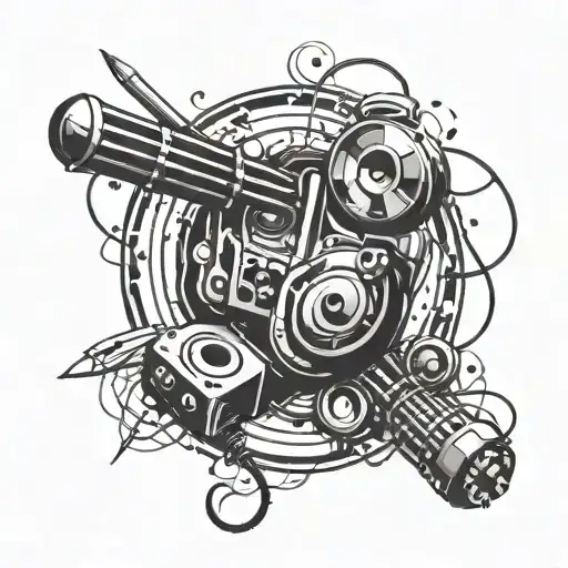 A Tattoo Design Featuring A Musical Staff Intertwined With Drawing Pencils And Gaming Controllers