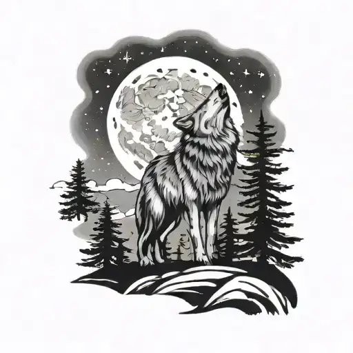 Wolf Howling Up At Moon And Stars With Pine Tress