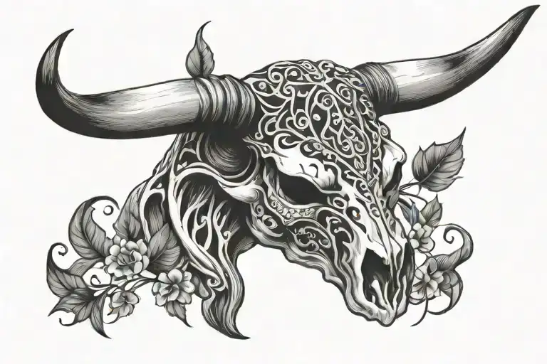 Bull Skull With Horizontal Vines On Each Side