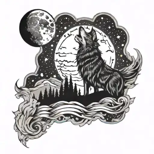 Wold Howling Up At Moon And Stars