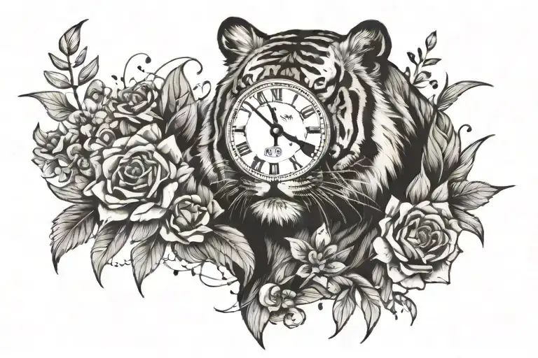 Tiger With Flowers And Clock With Date Of Birth