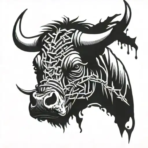 Bull Head Wrapped In Barbed Wire With Blood Dripping Down