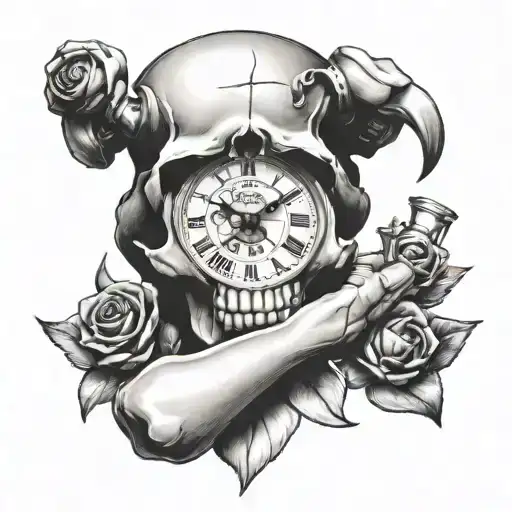 Memento Mori Tattoo Evil Realistic Skull With A Pocket Watch With Fibonaci Sequence