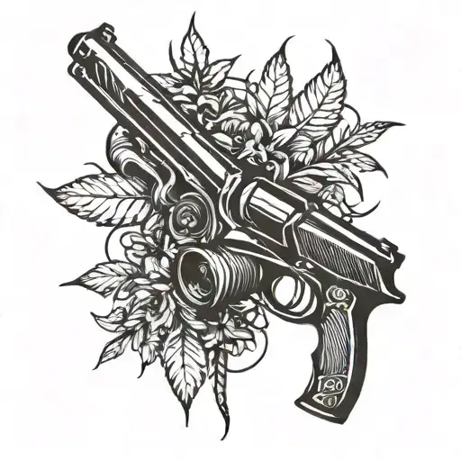 An Abstract Blackwork Design Of Intertwining Weed Leaves And Gun Barrels Creating A Unique Pattern