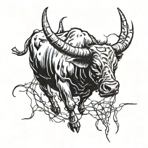 Strong Bull With Barbed Wire Around It And Blood Dripping Off Barbed Wire