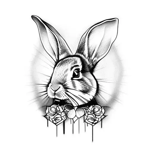 Tattoo Of A Rabbit Surrounded By Rose And A Sword