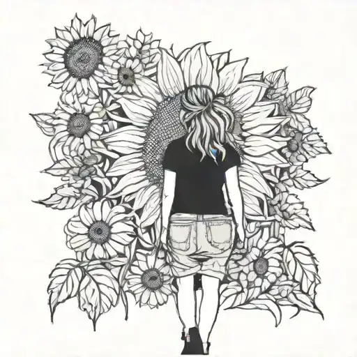 Giant Sunflower Forest With Girl Walking Through