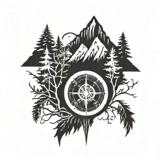 Trees With Mountain Range And Compass Rose