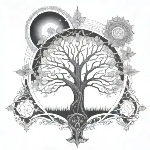 A Delicate Art Nouveau Inspired Tree Design Intertwined With Intricate Geometric Patterns
