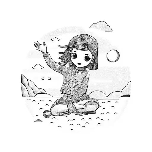 A Little Girl Sitting On The Seashore And Looking Towards The Sunset