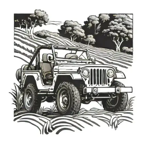 A Detailed Blackwork Tattoo Of A Jeep Driving Through A Coffee Bean Field
