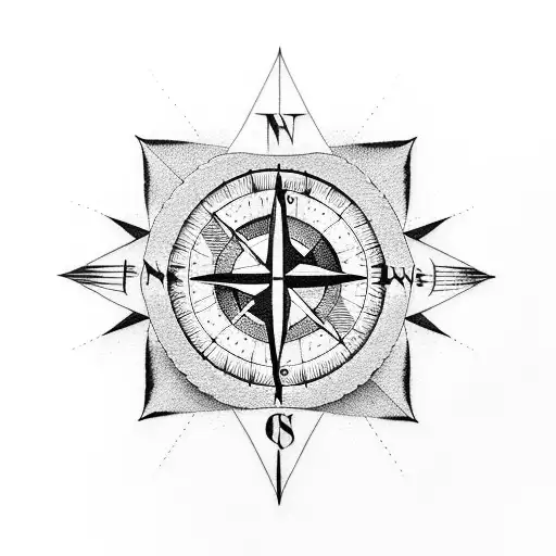 Compass With Rocket Top Right And Mountain Below Left