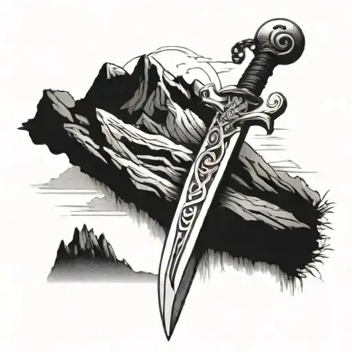 Scottish Claymore With Cloth Hanging Off And A Mountain Back Ground