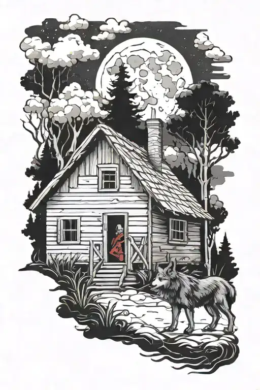 Little Red Riding Hood With An Evil Wolf In A Dark Forest With Old Cabin With Moon And Clouds