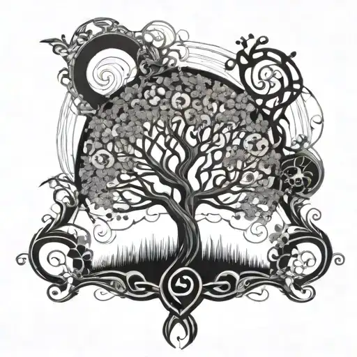 A Delicate Art Nouveau Inspired Tree Design Intertwined With Intricate Geometric Patterns