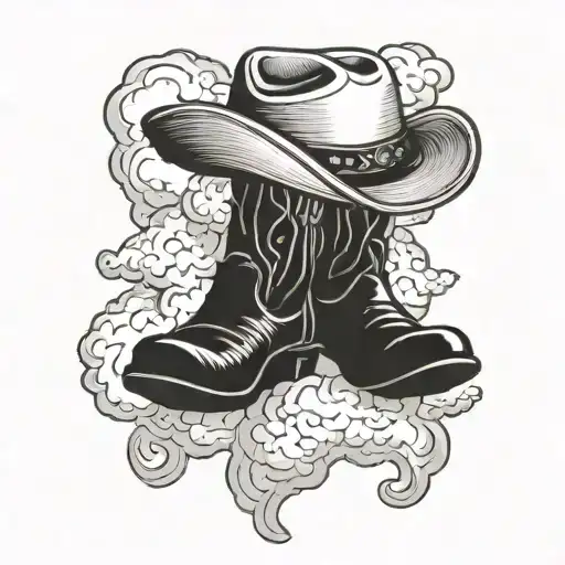 Pair Of Cowboy Boots And A Hat With A Cloud Underneath