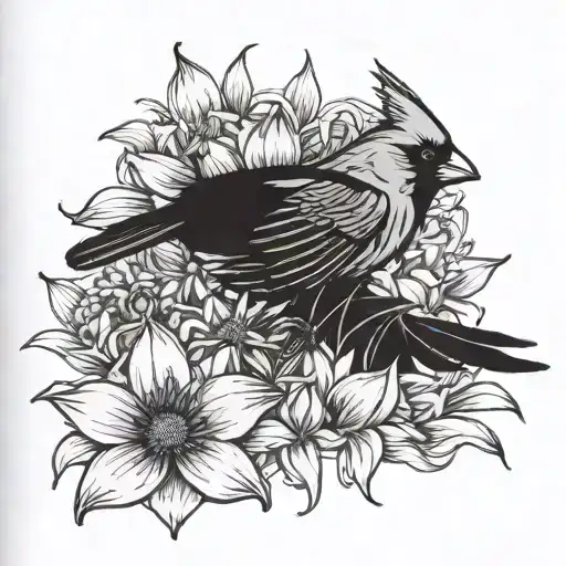 A Cardinal Perched On A Bed Of Lilies And Sunflowers