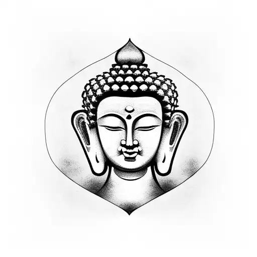 Buddha Face With Japanese Houses Background