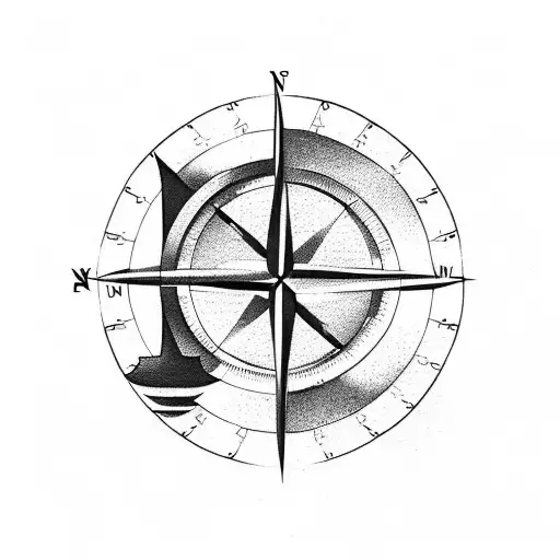 Compass With Rocket Ship On The Top Right And Mountain On The Below Left