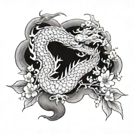 A Chinese Dragon Gracefully Weaving Through A Cherry Blossom Tree While A Turtle Swims Below