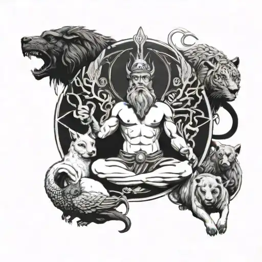 A Tattoo Depicting A Powerful God Figure Surrounded By Animals Symbolizing Different Aspects Of Life
