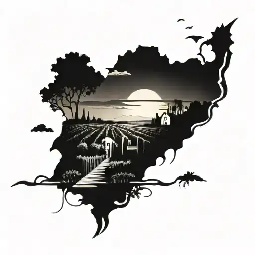 A Vineyard Landscape With A Sunset In The Background