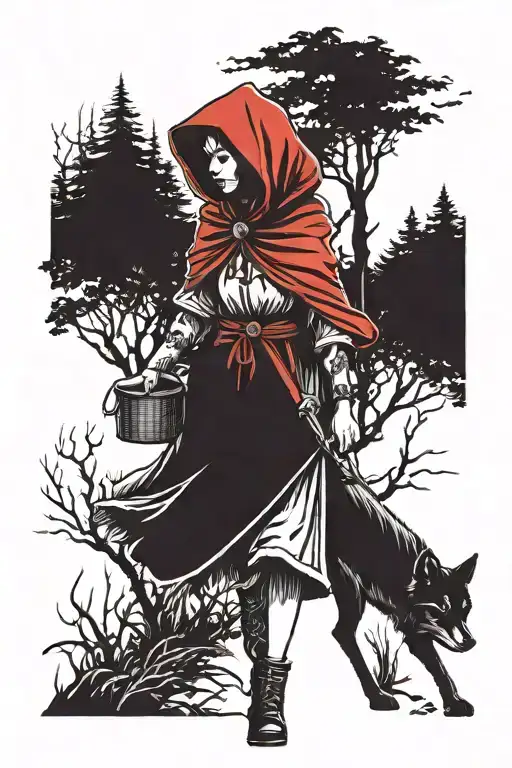 Little Red Riding Hood With Woof In A Dark Forest