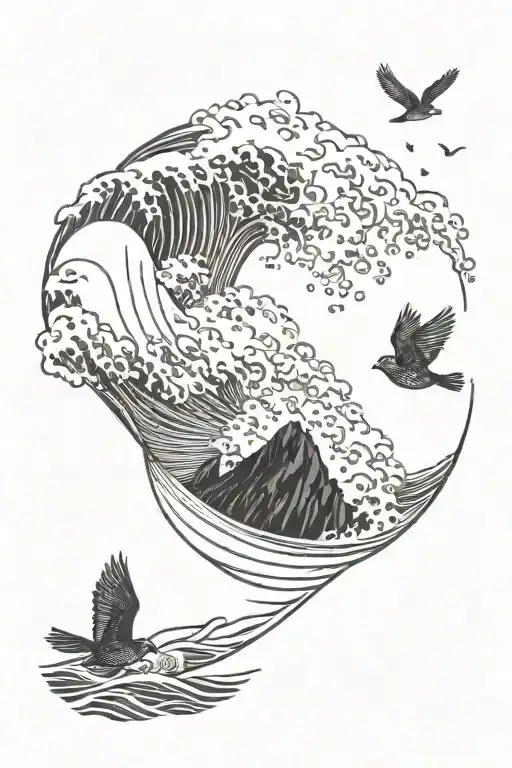 An Intricate Design Of Ocean Waves Crashing Against A Cliff With A Cardinal Flying Overhead
