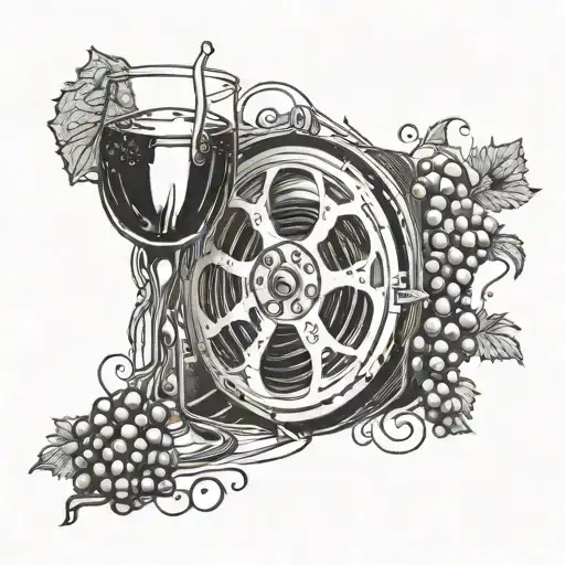 A Film Reel Intertwined With A Vine Of Grapes And Wine Glasses