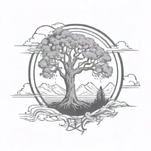 Tree Of Life In A Circle With Mountains In The Background And Shading Around The Outside