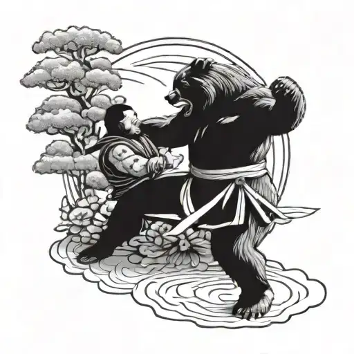 A Wrestling Samurai Battling A Bear In A Traditional Japanese Setting