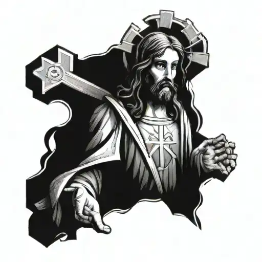 Jesus Christ Holding Gothic Style Cross