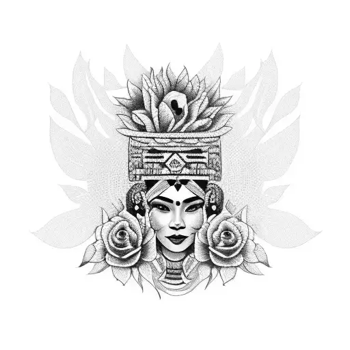 Mayan Woman With A Headdress Made Of Roses And Sunflowers