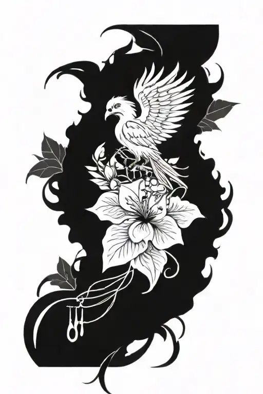 Phoenix Entangled In Dream Catcher Intertwined With Hibiscus