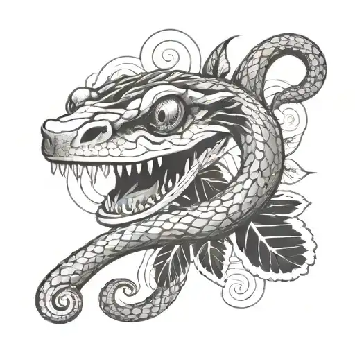 A Tattoo Design Of Cut Head Of A Snake With Six Eyes And Some Leafs And Skate Elements