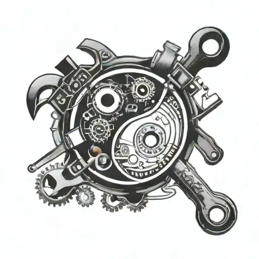 A Yinyang Symbol Intertwined With Construction Tools And Equipment