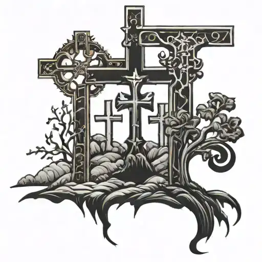 3 Gothic Crosses On A Hill