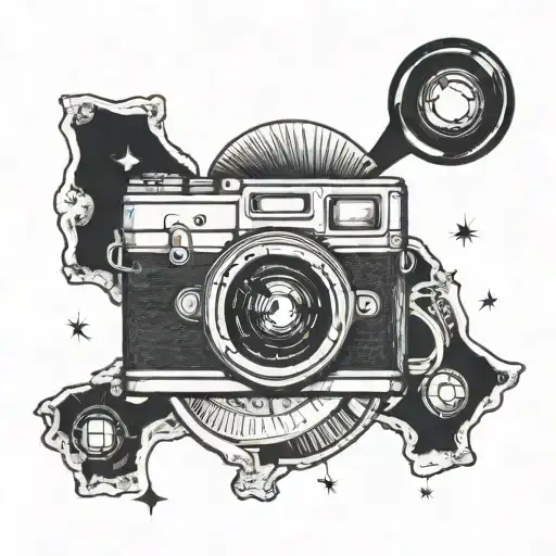 A Blackwork Tattoo Of A Camera Lens With A Ufo Flying In The Background