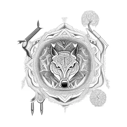 An Intricate Mandala Design Featuring Various Hunting Tools And Woodland Creatures
