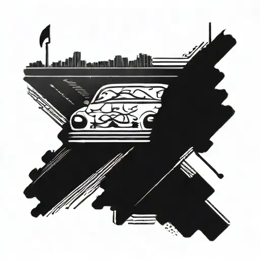 A Blackwork Tattoo Of A Car Speeding Down A Highway With Music Notes Trailing Behind It